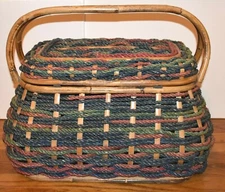 Vintage Woven Basket Picnic Storage Hing Lid, Bamboo Frame and Handles Large