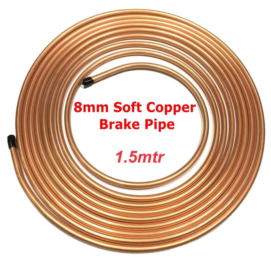 1.5M Soft Copper Brake Pipe Line Tubing 8mm Joiner 59"" Use with Union Nuts Bolts