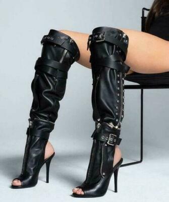 open toe black knee high boots