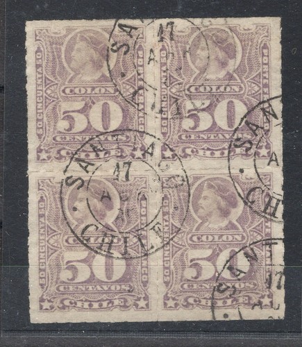 CHILE 1885 Rouletted X-RARE block of 4 of 50c MALVA Mauve Lilac used condition