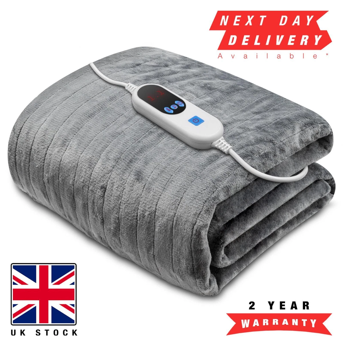 DELUXE LARGE GREY SOFT FLEECE DOUBLE ELECTRIC OVER BLANKET HEATED THROW  SINGLE | eBay