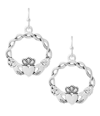 Claddagh Theme Dangle Earrings White Gold Rhodium