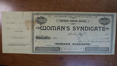 1888 Stockton San Joaquin CA Woman's Syndicate Stock Certificate $5000 Capital
