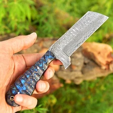 DAMASCUS KNIFE BULL CUTTER FIXED BLADE HUNTING CAMPING SKINNING TANTO KNIFE