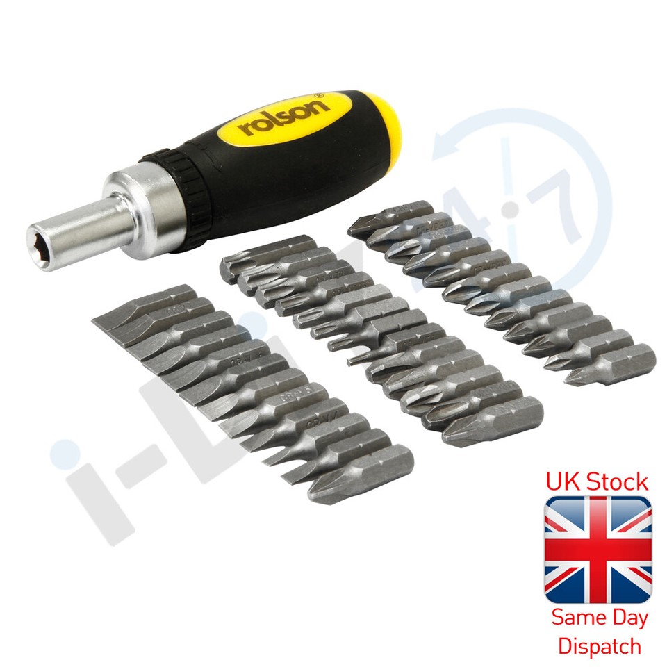 Stubby Ratchet Screwdriver & Bit Set 38 pcs Torx Slotted Phillips Hex ...