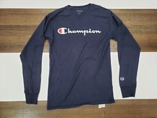Champion Long Sleeve Small Blue Shirt Tee Front Logo Spell Out Crew Neck