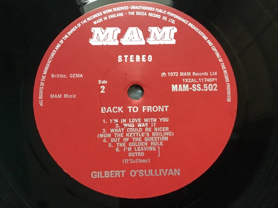 GILBERT O’SULLIVAN - BACK TO FRONT 1972 UK STEREO LP MAM SS 502 + TWO INSERTS EX - Image 4 of 4