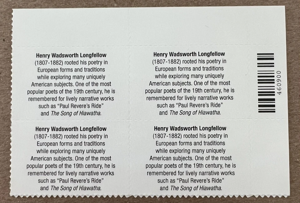 US Scott 4124 2007 39c Henry Longfellow Literary Series Plate Block Of 4 MNH - Image 2 of 3
