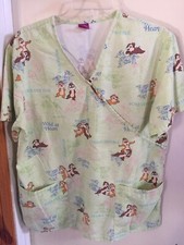Disney Scrub Green Chipmunks Print Small Short Sleeve Front Pockets S Pull On