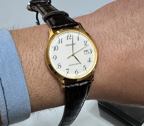 ORIENT LUN63004W0 OROLOGIO VINTAGE UOMO PELLE NERO DATA DORATO 35mm SOTTOCOSTO - Zdjęcie 8 z 9
