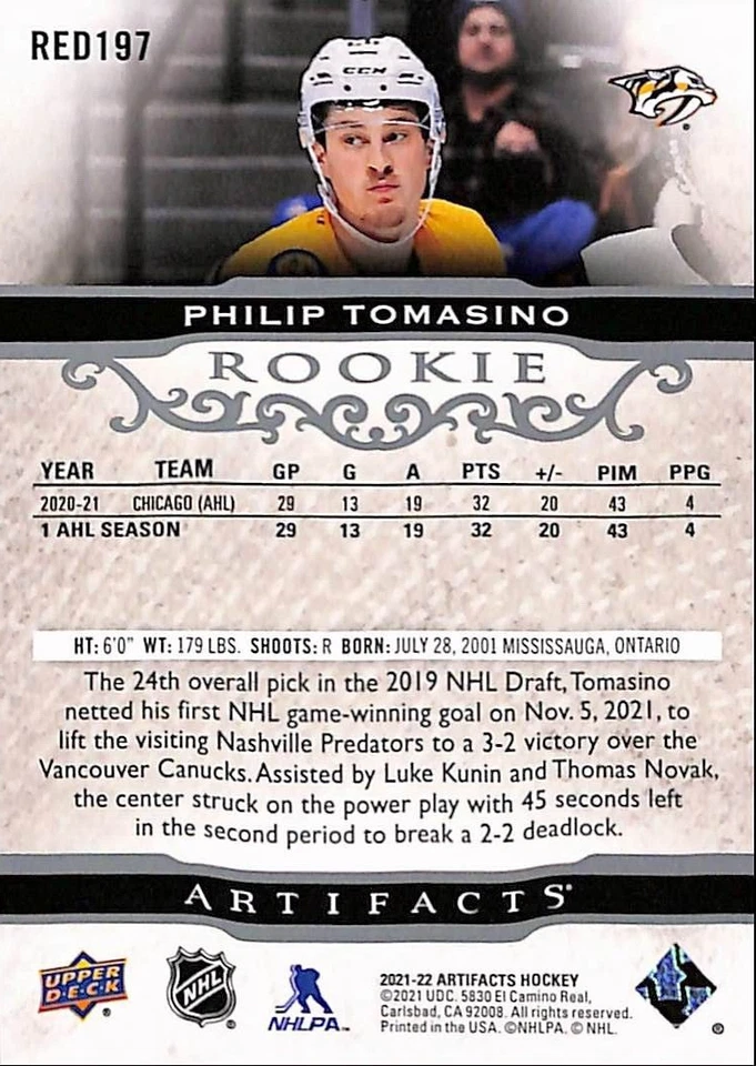 2021-22 Upper Deck Artifacts Philip Tomasino #RED197 Rookie /999 Predators Card - Image 2 of 2