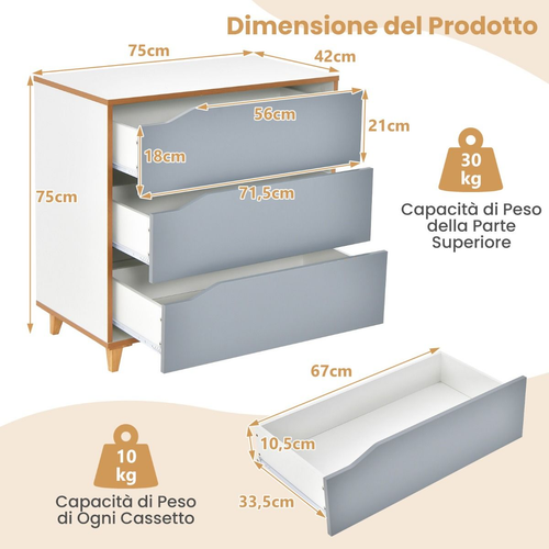 Cassettiera Moderna Con 3 Cassetti Maniglia Incorporata E Dispositivo Anti-Ribal - Photo 5/12