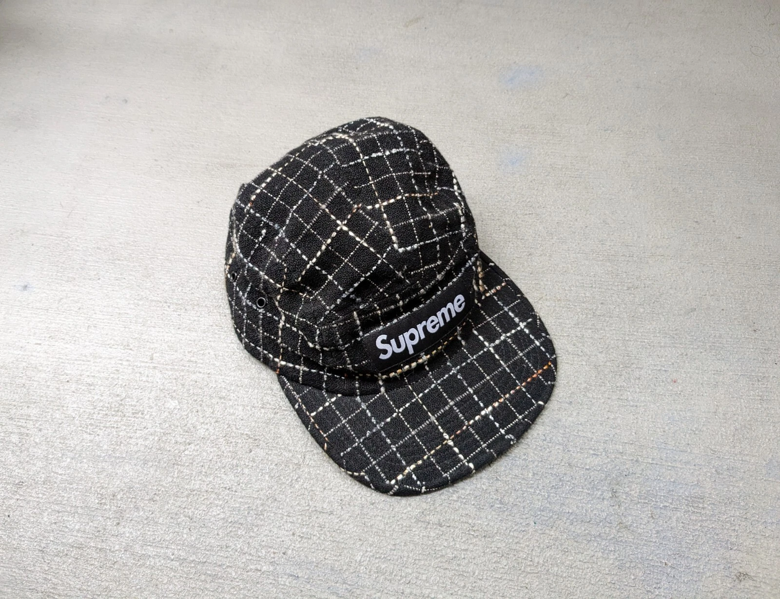 Supreme Boucle Camp Cap Hat Black White FW18 Grid 5 Panel BOGO Box Logo