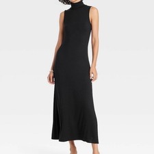 A New Day Womens Small Sleeveless Midi Shift Dress Black Ribbed Knit Mock Neck