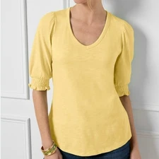 Talbots Smocked Sleeve V-Neck Tee in Navy Size Medium Petite