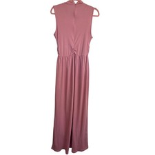 Women Ribbed Mock Neck Sleeveless Wide Leg Jumpsuit Pink M