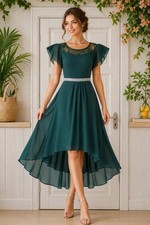 Vintage 90s JJ's House Dark Green Gown High-Low Flutter Sleeve Lace Neckline UK8