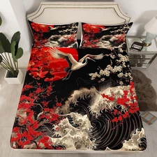 Oriental Cherry Blossoms Bedding Queen Size Japanese Asian Print Bed Sheets, ...