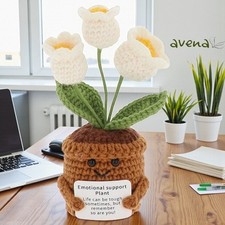 Wei&szlig;e emotionale Unterst&uuml;tzung geh&auml;kelt gestrickte Blume mit positiver Karte in Geschenkbox