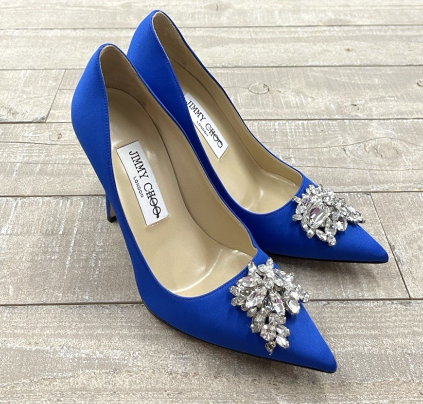 New Jimmy Choo Satin Manda Crystal Embellished Pumps In Blue Size