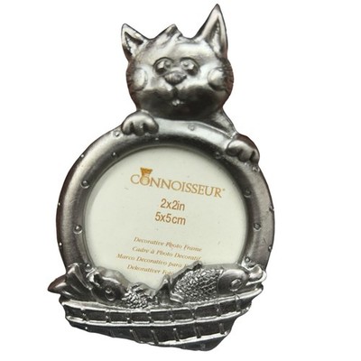 VTG Connoisseur Decorative Cat - Fish In Basket - Silver Metal Photo Frame 2x2 