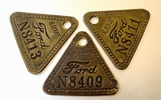 3 Early FORD Tool Check Brass Tags: River Rouge N8409 8411 8413; Historic Site