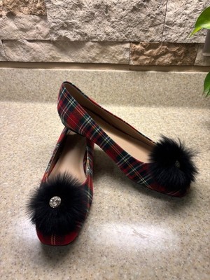 NEW - C Comfort Est. 1946 Red Tartan Plaid Flats with Fur Trim - 9