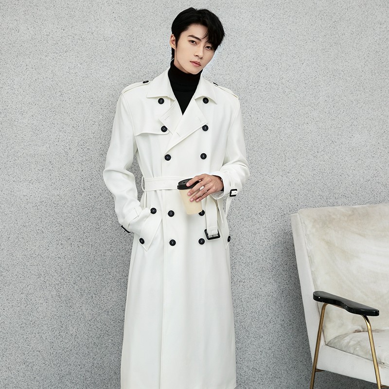 Winter White Trench Coat Men's Windbreaker Long Fit Over Knee Military Overcoat