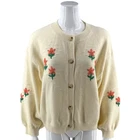 Cider Womens Cardigan Sweater Size XL Cream Coral Embroidered Thick Knit