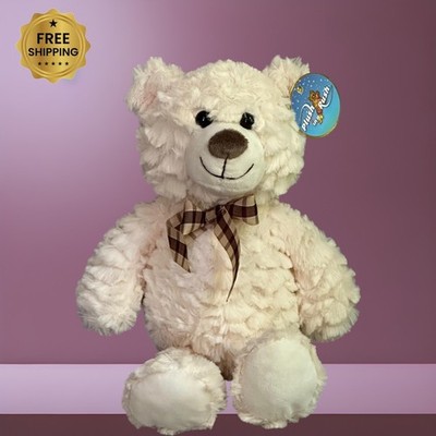 Soft Plush Teddy Bear Stuffed Animal with Plaid Ribbon Bow   Cream White Cuddly 