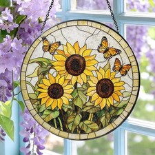 Sunflower Stained Glass Suncatcher: Butterfly Sunflowers Window Hanging
