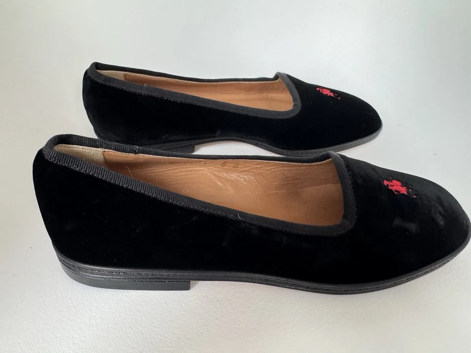 Polo Ralph Lauren Negro Terciopelo Mocasines Pisos Vacaciones Mujer’s 6B Rojo Poni Logo Foto 4 de 4