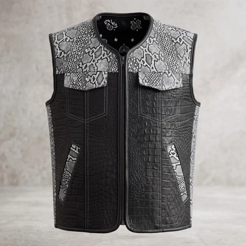 Handmade Embossed Leather Biker Vest Crocodile & Snake Skin Motorcycle Biker