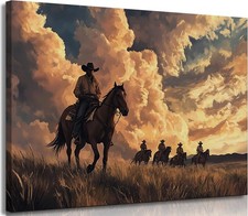 Vintage Western Cowboy Canvas Wall Art Sunset Horse Rider Poster Print Artwor...