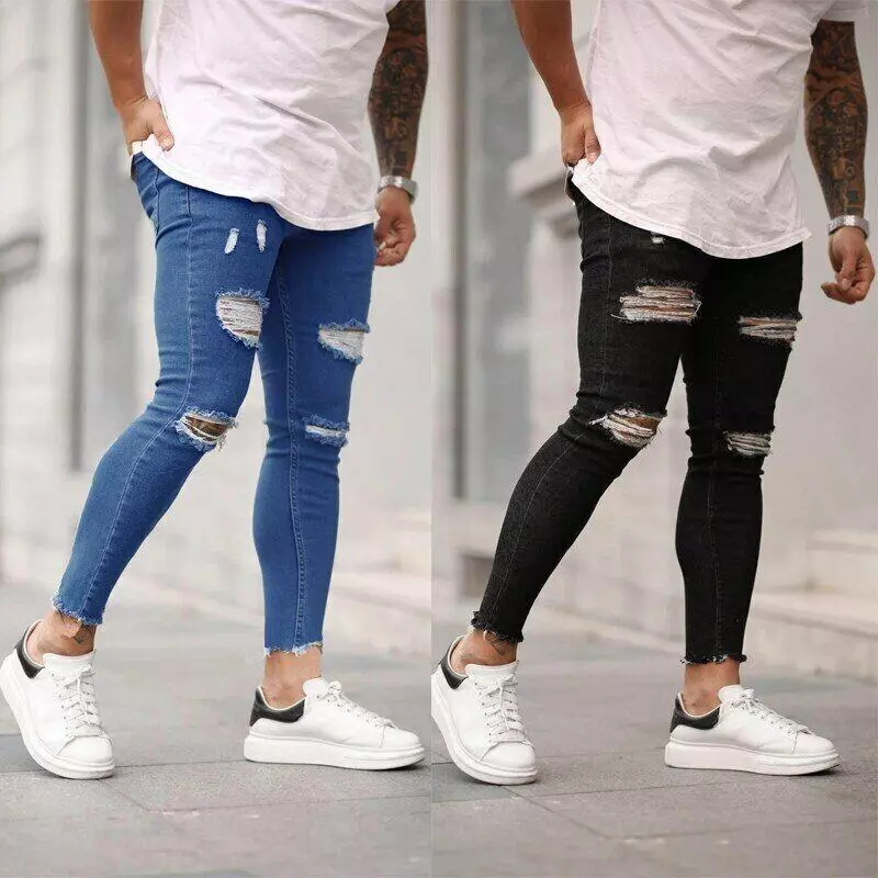Pantalones Vaqueros Rasgados Para Hombre Jeans Ajustados Largos Skinny Moda Lujo