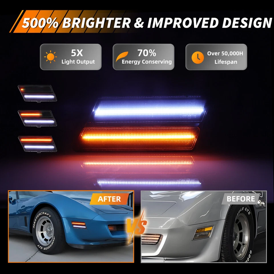 2X Smoked Dynamic LED Front Turn Signal Side Marker Lights For 80-82 Corvette C3 - Image 2 of 4