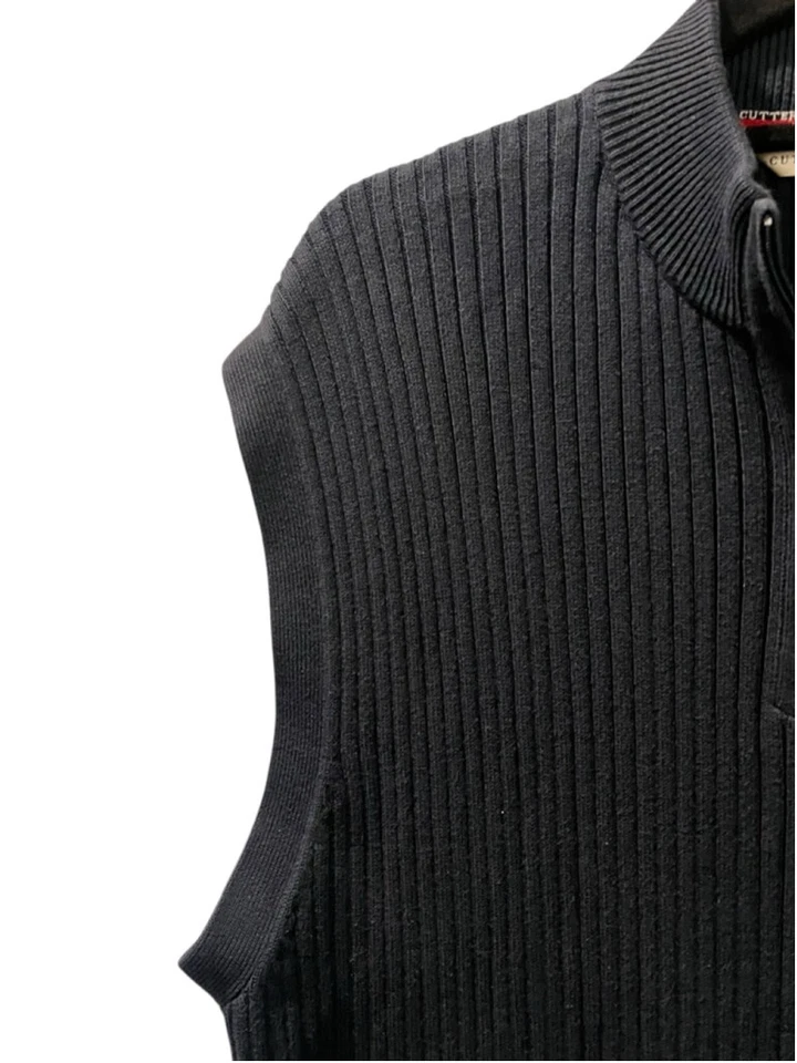 Cutter & Buck Navy Blue Ribbed 1/4 Zip Sweater Vest Men's Size Medium Cotton - Image 3 of 4