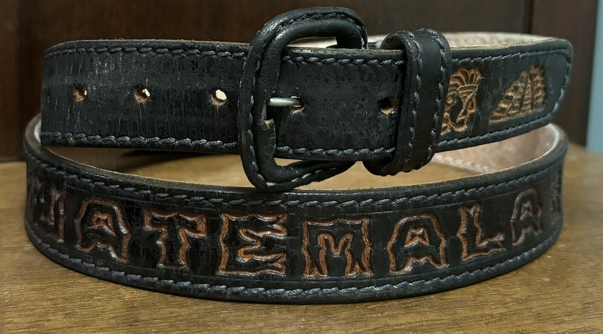 VTG Black Leather Hand Tooled/Cfted Mayan Theme Guatemala Belt