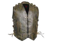 Men's Distressed Brown Heavy Buckle Hook Motorcycle Leather Vest Concealed Carry