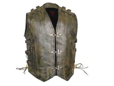 Men's Distressed Brown Heavy Buckle Hook Motorcycle Leather Vest Concealed Carry