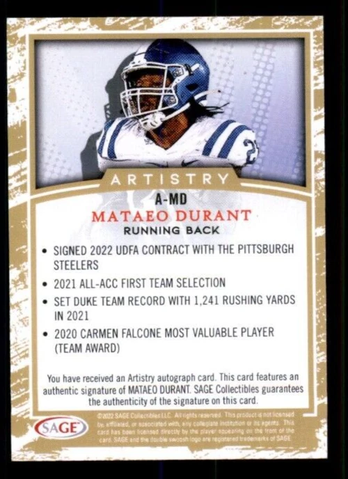 2022 SAGE HIT Autographs Black #AMD Mataeo Durant. - Image 2 of 2