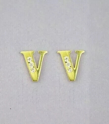 Solid 14k Yellow Gold Initial Letters Stud Earrings w/ Sparkling White CZ Stones - Picture 22 of 27
