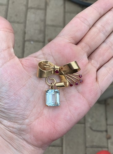 AMAZING VINTAGE 14K YG/RUBY/13 CT AQUAMARINE/DANGLE BOW PIN+APPRAISAL! - Picture 10 of 12