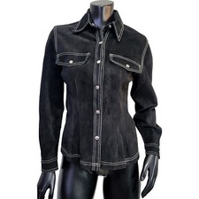 Vintage ACE Brand Swann USA Western Shacket Black Suede Leather White Stitching