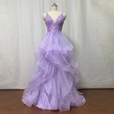 Elegant Prom Dresses Lilac Purple Lace Appliques Horsehair Hem Evening Gowns
