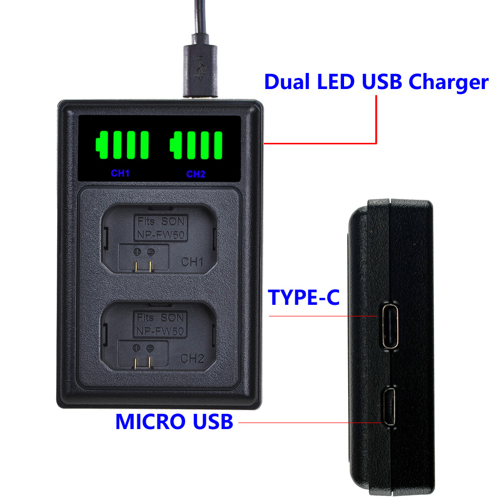 Sony A6000 Battery Dual USB-C/Micro USB Battery Charger For Sony