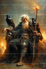 ODIN AND RAVENS ART PRINT, Norse Mythology Wall Decor, Pagan Warrior Poster D430