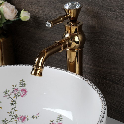 US Bathroom Vessel Sink Round Ceramic Golden Mixer Deck Mounted Faucet Set Drain - Picture 7 of 12