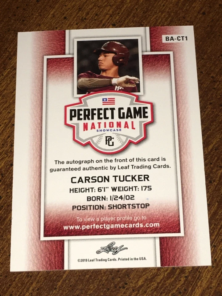 CARSON TUCKER 2019 Leaf Perfect Game Showcase Autograph #1/3 INDIANS 1st Rd - Image 4 of 4