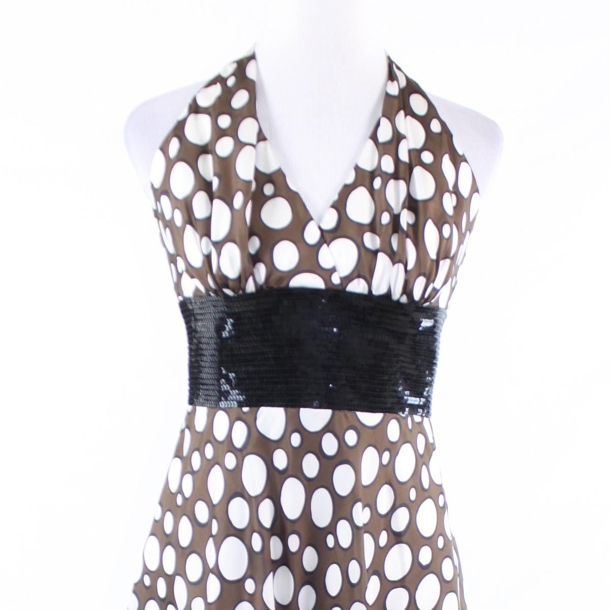 Brown white polka dot 100% silk CARMEN MARC VALVO halter neck A-line dress  8 | eBay